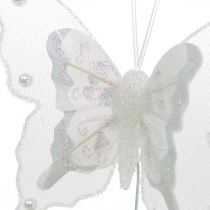 Pillangók gyöngyökkel és csillámmal, esküvői dekoráció, tollpillangók fehér dróton