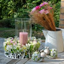Csigák virággal, tavaszi dekoráció, virág állat, asztaldísz szürke/kék/zöld H8cm L9,5cm 2 db-os készlet