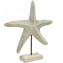 Fából készült tengeri csillag, tengeri dekoratív szobor, tengeri dekoráció natúr, fehér H28cm