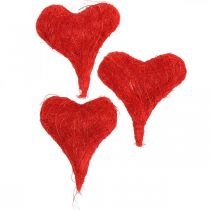 Piros szizál szívek, esküvői dekoráció, természetes szizál szálak, Valentin-nap H7,5-9cm 16db