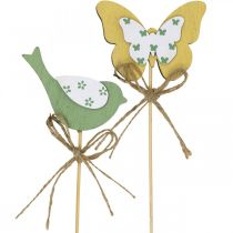 Plug madár pillangó, fa dekoráció, növény dugó rugós dekoráció zöld, sárga L24/25cm 12db