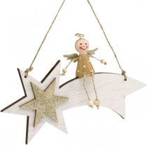 tételeket Angyal a hullócsillagon, akasztható karácsonyi dekoráció, adventi fehér, arany H13cm sz21,5cm 2db