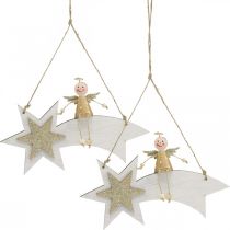 tételeket Angyal a hullócsillagon, akasztható karácsonyi dekoráció, adventi fehér, arany H13cm sz21,5cm 2db