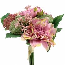 Csokor dália és protea, selyem virágok, nyári dekoráció L25cm