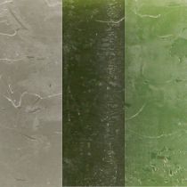 tételeket Oszlopgyertya-készlet, 3 szín, zöld, egyszínű gyertyák, asztaldísz, 70x120 mm, 12 darab
