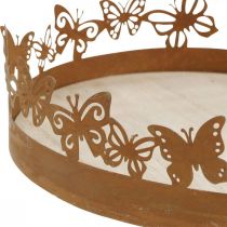 Tálca pillangókkal, rugós, asztali díszekkel, fém dekorációs patinával Ø20cm H6,5cm