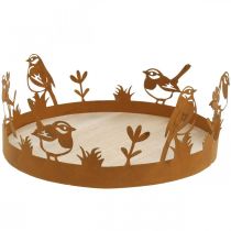 Dekoratív tálca, asztali díszek madarakkal, tavaszi dekorációs patina Ø20cm H8,5cm