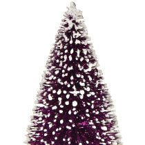 tételeket Dekoratív karácsonyfa lila színben, hópelyhes díszítéssel, rusztikus fa alapon, 15 cm-es, 3 darabos.
