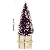 tételeket Dekoratív karácsonyfa lila színben, hópelyhes díszítéssel, rusztikus fa alapon, 15 cm-es, 3 darabos.