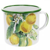 Zománcos ültetőpohár, dekoratív csésze citromággal, mediterrán virágtartó Ø9,5cm H10cm
