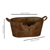 tételeket Ovális fémtál fülekkel, szarvas motívummal, rozsdabarna felülettel, 36 cm