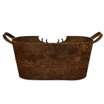 tételeket Ovális fémtál fülekkel, szarvas motívummal, rozsdabarna felülettel, 36 cm