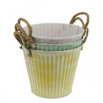 tételeket Dekoratív cserép, fém vödör ültetéshez, nyeles ültetőgép, rózsaszín/zöld/sárga shabby chic Ø14,5cm H13cm 3 db-os készlet