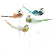 Díszmadarak, tavaszi dekoráció, tollas madarak, nyár, madarak dróton, színes H3,5cm, 12 db