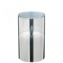 Ünnepi LED gyertya ezüst üvegben, valódi viasz, meleg fehér, időzítő, elemes Ø7,3cm H12,5cm