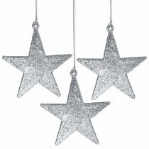 Karácsonyi dekoráció csillag medál ezüst glitter 9cm 12db