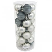 tételeket Karácsonyi labda, karácsonyfa medál, fadísz fekete/ezüst/gyöngyház H6,5cm Ø6cm valódi üveg 24 db