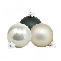 Karácsonyi labdák, karácsonyfa medálok, fadíszek fekete / ezüst / gyöngyház H6,5cm Ø6cm valódi üveg 24db