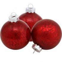 Karácsonyfa golyó, fa medál, karácsonyi golyó piros márvány H6,5cm Ø6cm valódi üveg 24db