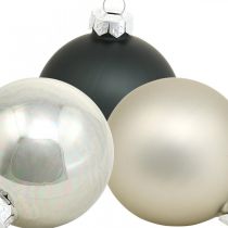Karácsonyi labdák, karácsonyfa medálok, fadíszek fekete / ezüst / gyöngyház H6,5cm Ø6cm valódi üveg 24db