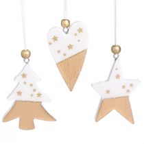 tételeket Karácsonyi díszek, fa csillag, fa, szív, 6 darab, fehér és arany díszes medálok