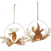 tételeket Díszgyűrű karácsonyra, rénszarvas a gyűrűben, Mikulás ajándékkal, fém dekoráció patina Ø18cm 2 db-os szett