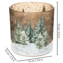 tételeket Üveg mécsestartó fenyőerdő mintával, téli dekorációval, 15cm