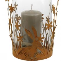 Lámpás nyulas, tavaszi dekoráció, fém díszítés virágokkal, húsvéti patina Ø11,5cm H18cm