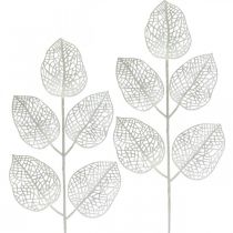Téli dekoráció, deco levelek, műág fehér csillám L36cm 10db