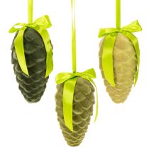 tételeket Dekoratív fenyőtobozok felakasztásra, bolyhosított fenyőtobozok szalaggal és masnival, 18 cm, 3 darab