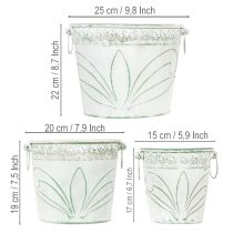 tételeket Dombornyomott fém virágtartó fülekkel, fehér és zöld, shabby chic stílus, M22/19,5/17,5cm, Ø25,5/20,5/15,5cm, 3 db-os szett