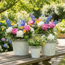 tételeket Dombornyomott fém virágtartó fülekkel, fehér és zöld, shabby chic stílus, M22/19,5/17,5cm, Ø25,5/20,5/15,5cm, 3 db-os szett