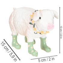 tételeket Dekoratív malac gumicsizmával – Vicces farmfigura virágkoszorúval 15,5 cm