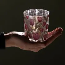 tételeket Dekoratív üveglámpás tulipán mintával tavaszi otthoni dekorációhoz, 8 cm, 4 darab.