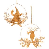 tételeket Karácsonyi díszgyűrű, rénszarvas gyűrűben, Mikulás ajándékkal, fém díszítés, rozsdás felület, Ø18cm, 2 db-os szett