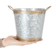 tételeket Dekoratív kaspó fülekkel, ültetővödör, fém edény, ezüst, rozsdás acél, Ø17cm M16.5cm