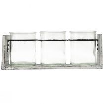 tételeket Rusztikus üvegkonténer készlet szürke-fehér fa állványban - 27,5x9x11 cm - Sokoldalú tárolási és dekorációs megoldás