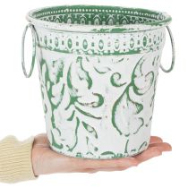 tételeket Fém cserepek fülekkel, virágtartók dombornyomással, fehér, zöld, shabby chic, Ma: 20,5/18,5/16cm, Ø: 25,5/20,5/15,5cm, 3 db-os szett