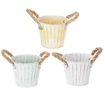 tételeket Ültetvödör, fém cserép fogantyúkkal, díszes virágtartó, rózsaszín/zöld/sárga, shabby chic, Ø12cm, M10cm, 3 db-os szett