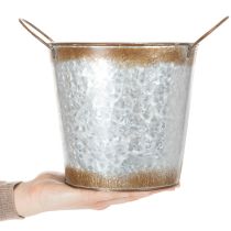 tételeket Fém virágtartó, virágtál, kaspó fülekkel, ezüst, rozsdabarna felület, Ø18cm MA20cm