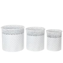 tételeket Csipkemintás kaspó, fém váza, díszvödör, fehér, ezüst, shabby chic, M28/25,5/23,5cm, Ø29,5/25,5/20cm, 3 db-os szett