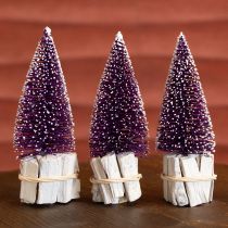 tételeket Dekoratív karácsonyfa lila színben, hópelyhes díszítéssel, rusztikus fa alapon, 15 cm-es, 3 darabos.