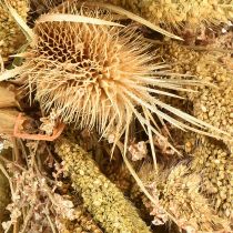 tételeket Dekoratív szárított koszorú rózsákkal és kölessel sárga-olíva zöld színben, természetes vidéki stílusban, Ø28cm, sokoldalú fali és asztali dekoráció.