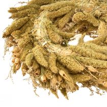 tételeket Dekoratív szárított koszorú rózsákkal és kölessel sárga-olíva zöld színben, természetes vidéki stílusban, Ø28cm, sokoldalú fali és asztali dekoráció.