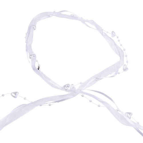 tételeket Esküvői dekorációs organza szalag fehér 10mm x 5m szívekkel és gyöngyökkel