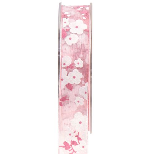 Floristik24 Organza szalag rózsaszín virágokkal ajándék szalag 20mm 20m