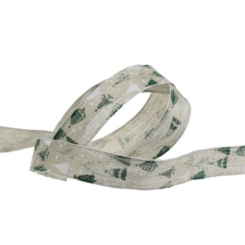 Floristik24 Karácsonyi szalag Karácsonyfa zöld, natúr 25mm 15m