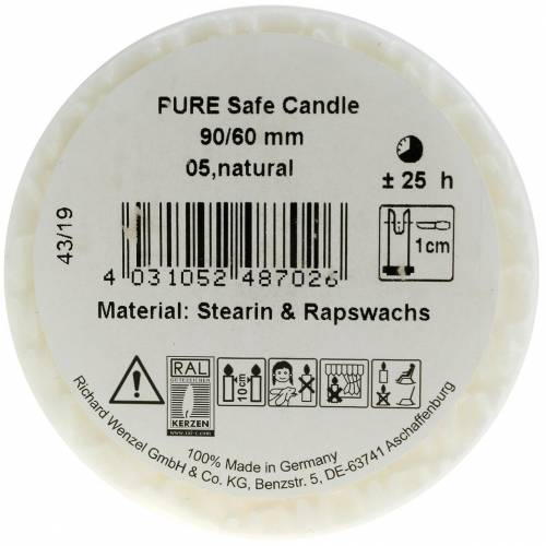 Floristik24 PURE Nature Safe Candle oszlopos gyertya sztearin, repceviasz 90/60mm fehér 1 db