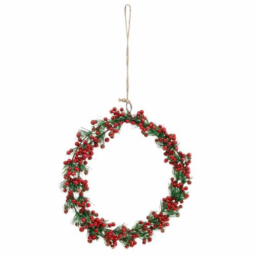 Floristik24 Bogyókoszorú műzöld, piros csillámos Ø18cm