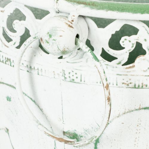 tételeket Dombornyomott fém virágtartó fülekkel, fehér és zöld, shabby chic stílus, M22/19,5/17,5cm, Ø25,5/20,5/15,5cm, 3 db-os szett